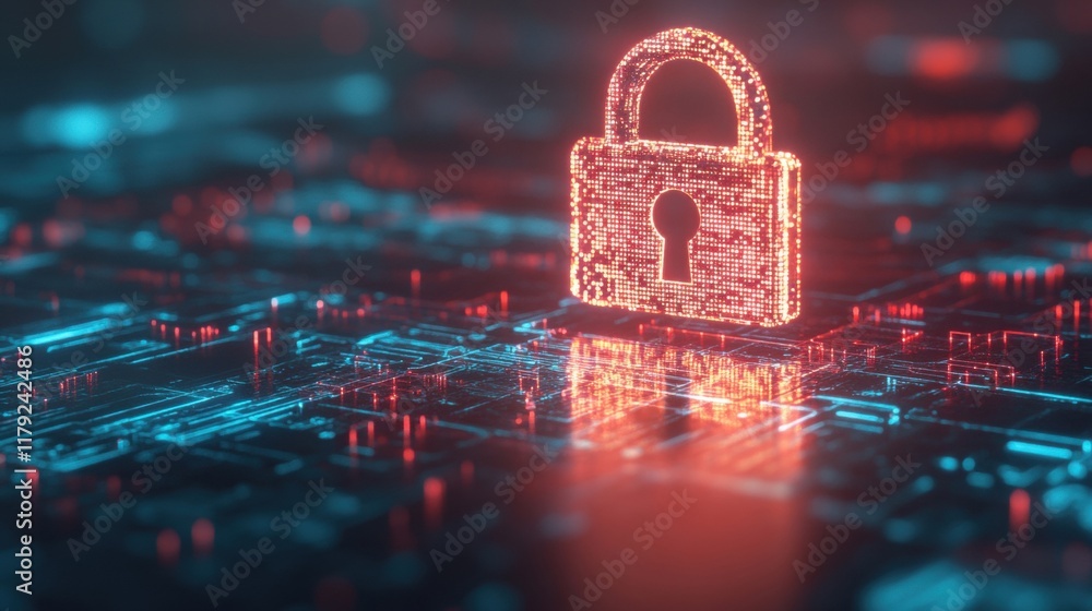 Aufkleber a holographic lock is displayed prominently above a digital network, representing the importance of 