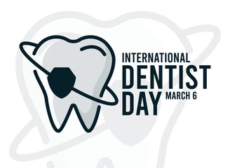 International Dentist Day. March 6. Tooth icon with shield. Line. Outline. Poster, banner, card, background.