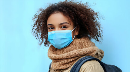 Obraz premium Young Person Wears a Protective Face Mask and Scarf on a Blue Background