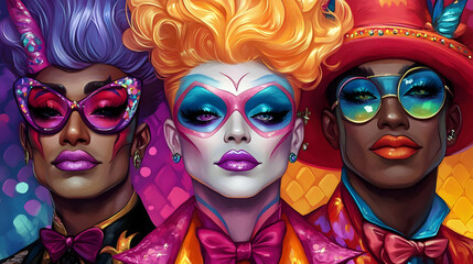 Three Vibrant Figures in Extravagant Costumes and Makeup Pose Dramatically Together on a Colorful Backdrop