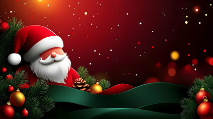 Christmas Festive Background with Santa, Ornaments, Pine Branches, and Green Ribbon