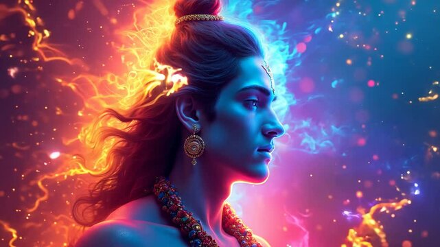 Modern Depiction of Lord Shiva in Vibrant Neon Hues Celebrating Divine Energy and Spirituality