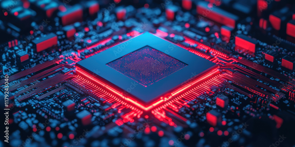 Poster quantum computer circuit board with glowing red accents and intricate design, showcasing advanced te