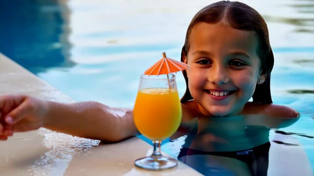 Joyful child enjoys refreshing drink by the poolside in warm afternoon sunlight