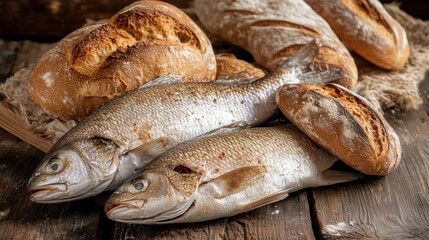 Two raw fish are placed next to hearty loaves of bread on a wooden surface, creating a biblical symbol