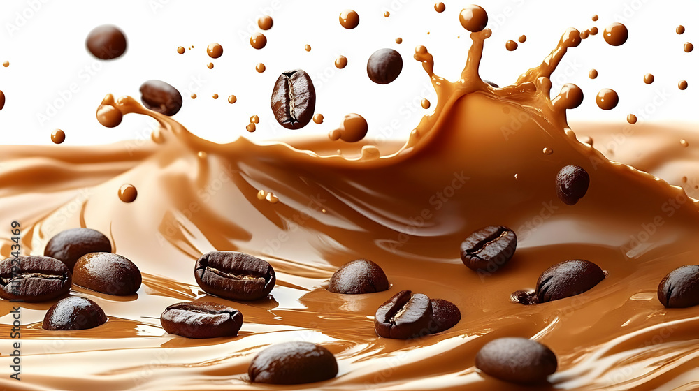Poster coffee beans splash with creamy coffee, creating a dynamic and aromatic visual.