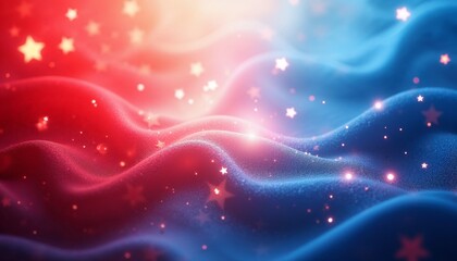 Obraz premium Abstract gradient of red, white, and blue, soft textures with glowing stars, symbolizing unity and pride