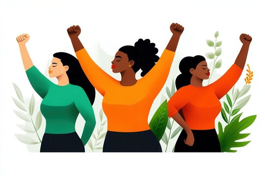 Illustration Empowered women of diverse ethnicities standing in unity with raised fists among foliage. Black History Month
