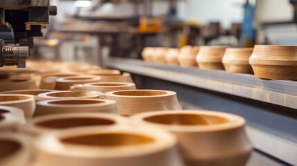 Woodworking factory scene showcasing an experienced wood turning operator conducting detailed visual inspections on precision-crafted wooden bowls, featuring natural wood tones, industrial setting, an