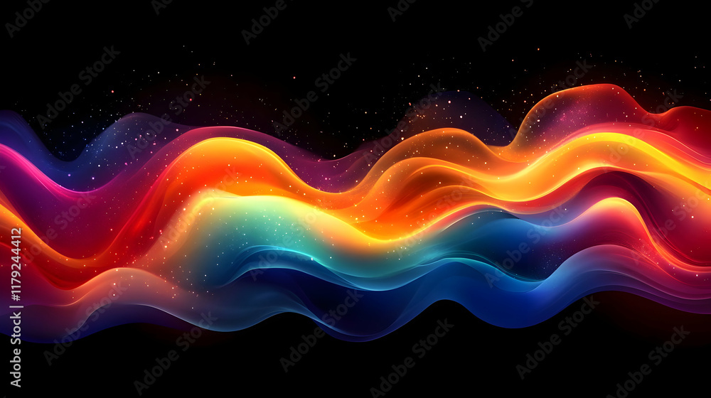 Poster abstract colorful waves flow gracefully across a dark background with sparkling particles