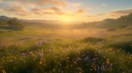 Obraz premium Golden Sunrise Over Serene Meadow with Blooming Wildflowers in Spring
