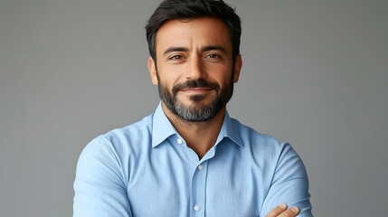 Confident Man Smiles Gently with Folded Arms, Wearing a Light Blue Shirt on Gray Backdrop