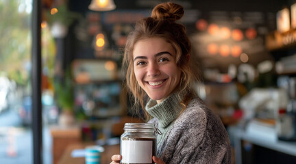 Smiling Woman Holding Donation Jar in Cozy Café Setting for Charitable Giving