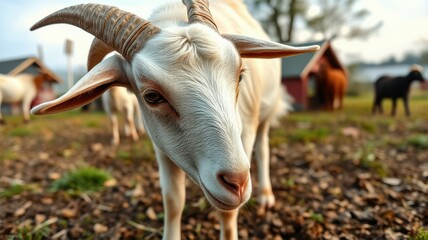 Goat exploring the farmyard in the late afternoon light with rustic buildings in the background