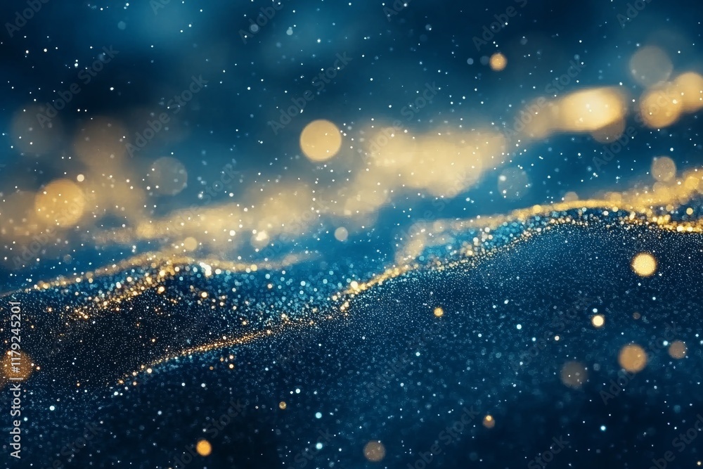 Poster abstract dark blue and gold particle background light bokeh, shining particles.