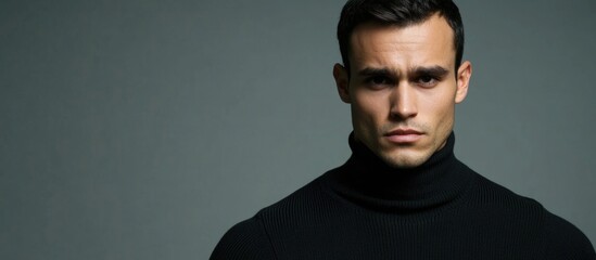 Obraz premium Close-up portrait of a handsome man in a black turtleneck sweater with a puzzled expression against a minimalist gray background, ideal for text overlay.