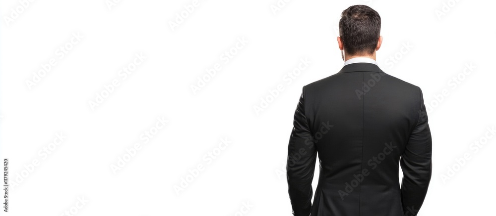 Poster businessman in black suit standing with back view against white background creating ample copyspace 