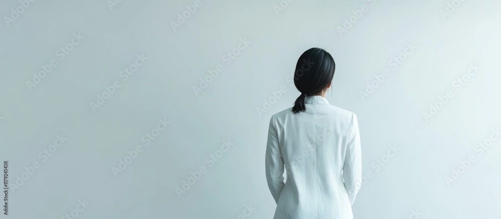Poster business woman in white attire standing against a minimalist white background in a professional sett