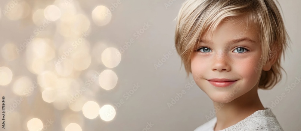 Poster blond boy with a playful smile against a softly blurred background featuring warm bokeh lights, idea