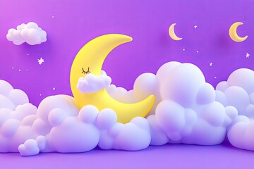 white cloudy moon yellow zzzz blue violet purple background wallpaper copy space symbol sign decoration world sleep day night lifestyle march dream time happy insomnia awareness health.3d render 