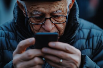 Close-up photo of old male hands with smartphone.