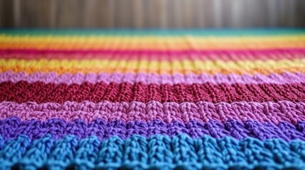 Fototapeta premium Vibrant multicolored knitted textile with horizontal stripes in red, pink, purple, blue, and yellow creating a cozy and inviting texture backdrop.
