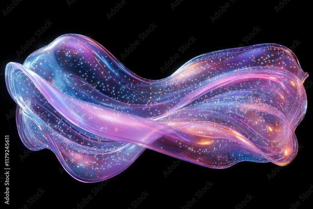 Poster curved waves exhibit a mesmerizing holographic texture, illuminated with vibrant colors against a da