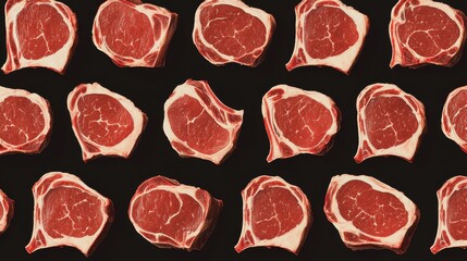 Raw beef steaks, overhead flat lay pattern on black background.
