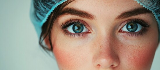 Close-up portrait of a healthy young woman with blue eyes wearing a surgical cap focused on cosmetic surgery treatment in light tones
