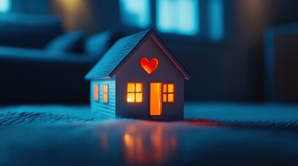A charming miniature house features a glowing heart and warmly lit windows, enhancing the cozy ambiance of a dimly lit interior space