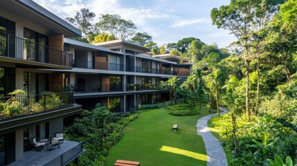 Modern apartment complex nestled in lush greenery, featuring a central courtyard with a walking path and lawn.