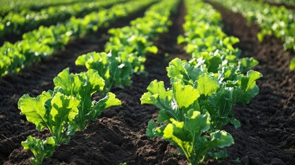 Farmer inspecting lush green sugar beet crops in well-tilled earth field with rows under clear blue sky and ample copy space for text