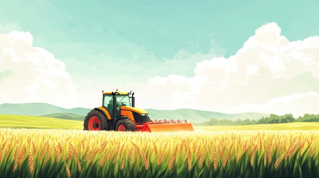 Vibrant spring landscape featuring a yellow tractor fertilizing lush green wheat fields under a clear blue sky with white clouds in the background