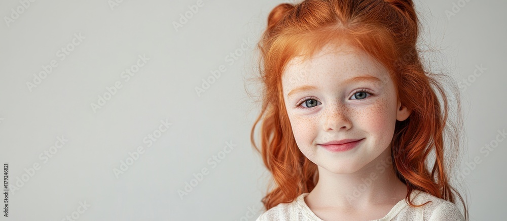Poster smiling young girl with red hair wearing summer attire displaying joy and positivity in studio setti