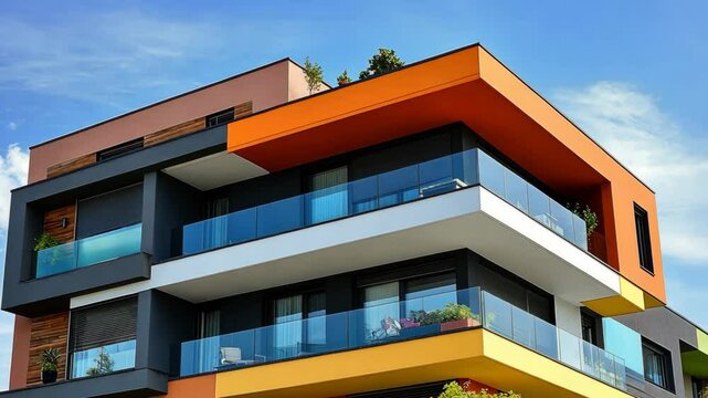 Modern architectural design of a colorful multi-story building with balconies and greenery against a clear blue sky