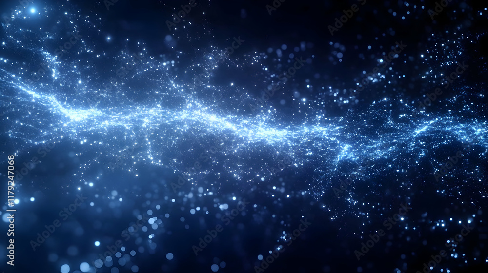 Aufkleber abstract blue particles flowing and glowing dynamically on a dark background.