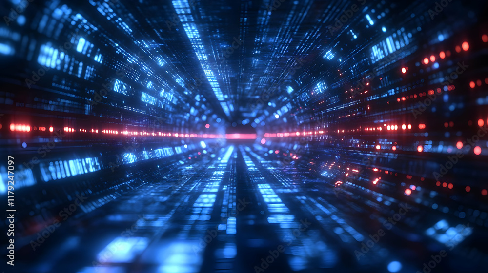 Poster digital data stream flows through cyberspace tunnel with glowing blue and red lights.