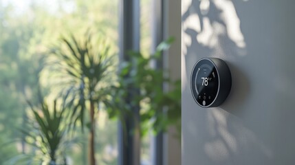 Smart thermostat on wall, showing 76 degrees, near window with plants.