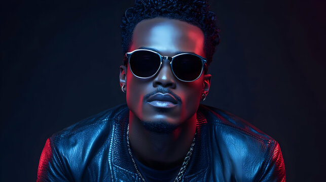 Stylish Person Poses with Sunglasses Under Blue and Red Lighting