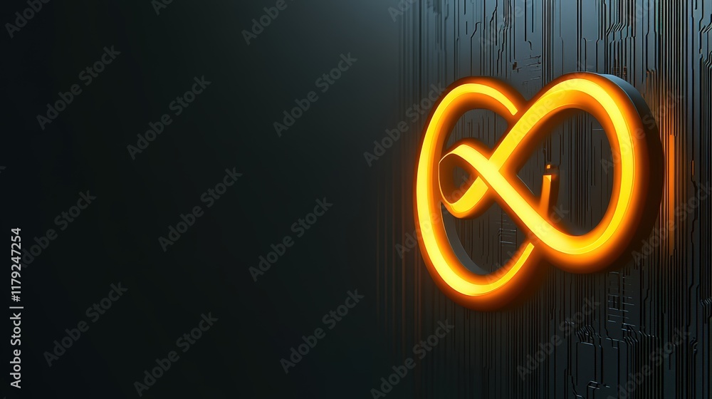 Poster futuristic orange infinity symbol on dark background with circuit pattern for technology and innovat