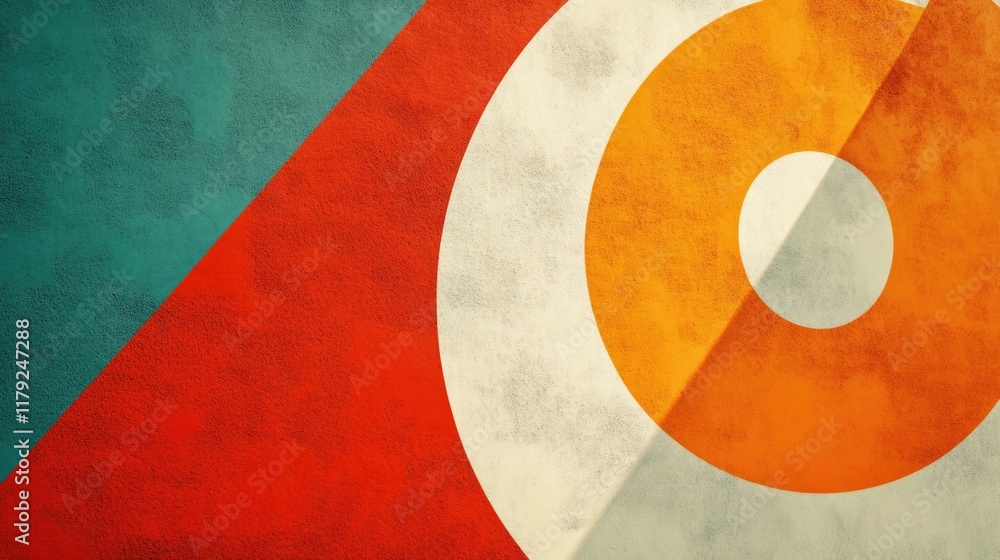 Poster colorful abstract target with geometric shapes in red, orange, and teal background creating space fo