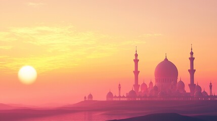 Sunset over a grand mosque in the desert.