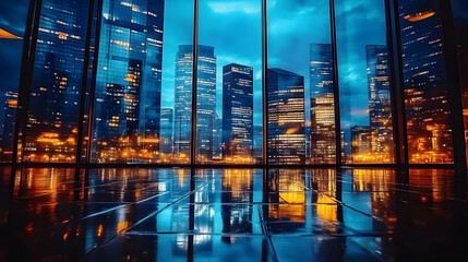 Cityscape Viewed Through Glass Window Reflects on Wet Floor at Dusk
