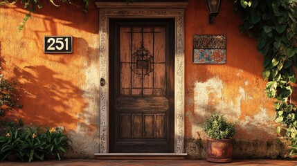 Quaint house entrance with aged wooden door and number 251 on terracotta tiles surrounded by orange stucco wall and lush greenery