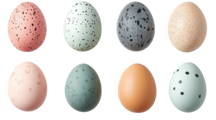 Eight uniquely designed speckled eggs arranged against a on white and transparent Backgroundperfect for Easter, spring, or nature-themed projects.