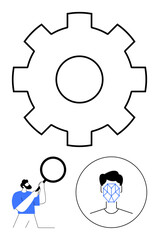 Gear mechanism, man holding magnifying glass, facial recognition graphic. Ideal for AI, processing, innovation, analytics, technology user interface research. Abstract line flat metaphor