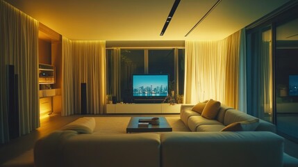 Modern living room at night with cityscape view on TV, warm lighting, and comfortable seating.