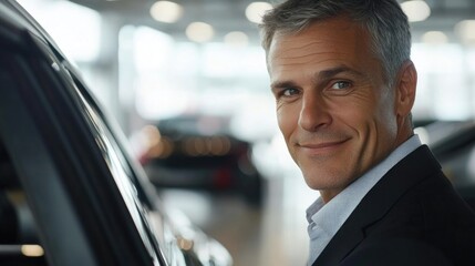 Mature businessman with gray hair smiling confidently while examining a luxury vehicle at a bright dealership showroom, showcasing consumerism and retail elegance.