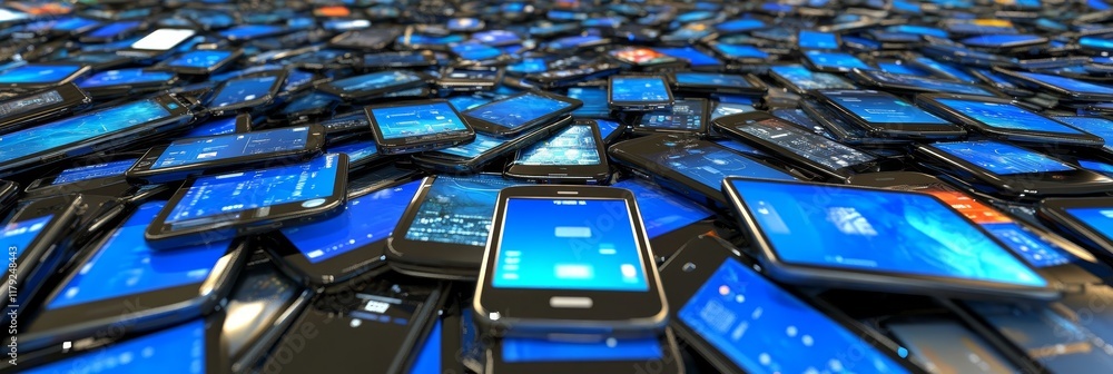 Poster sea of smartphones overflowing array of mobile device screens illustrating communication technology