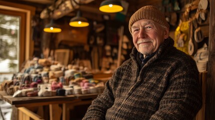 Fototapeta premium Authentic Nordic Crafts: Elderly Swedish Man in Cozy Wooden Shop with Handmade Displays and Warm Lighting